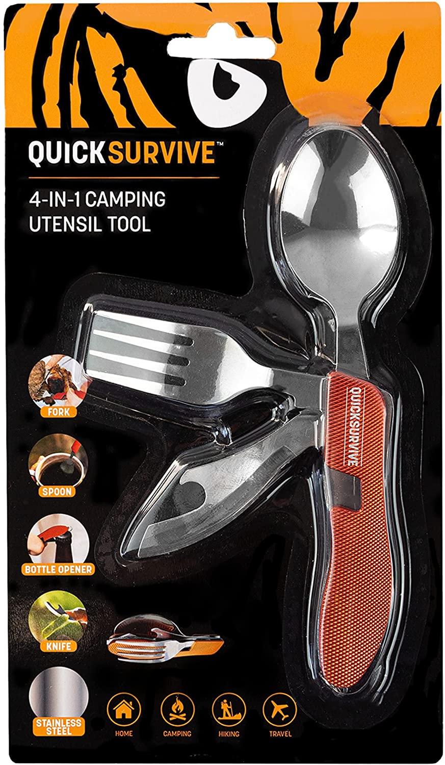 4-in-1 Pocket Camping Utensil Tool Stainless Steel Fork, Knife, Spoon, Bottle Opener by Quick Survive