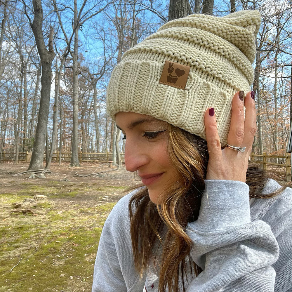 Peace, Love, Books Slouchy Knit Hat by Kind Cotton